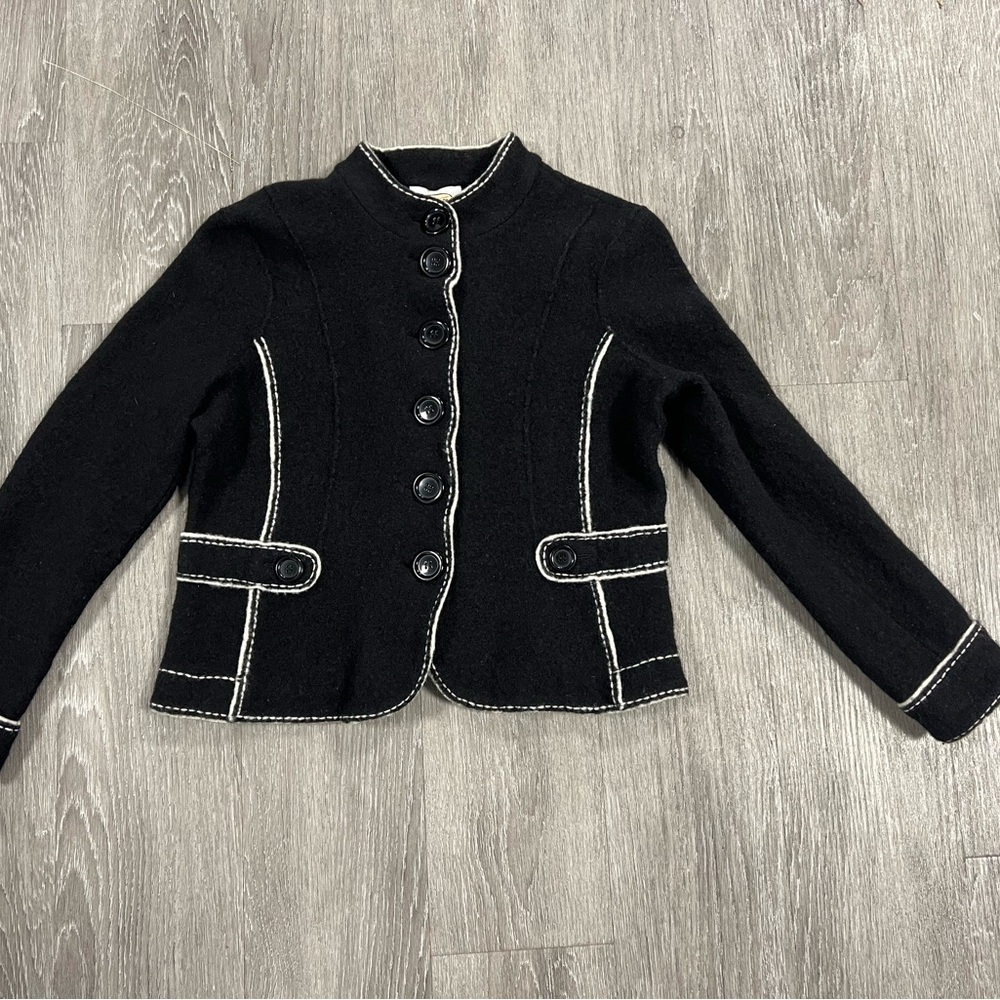 Vintage Talbots Jacket Womens Large Black 100% Merino Wool Coat Military Retro